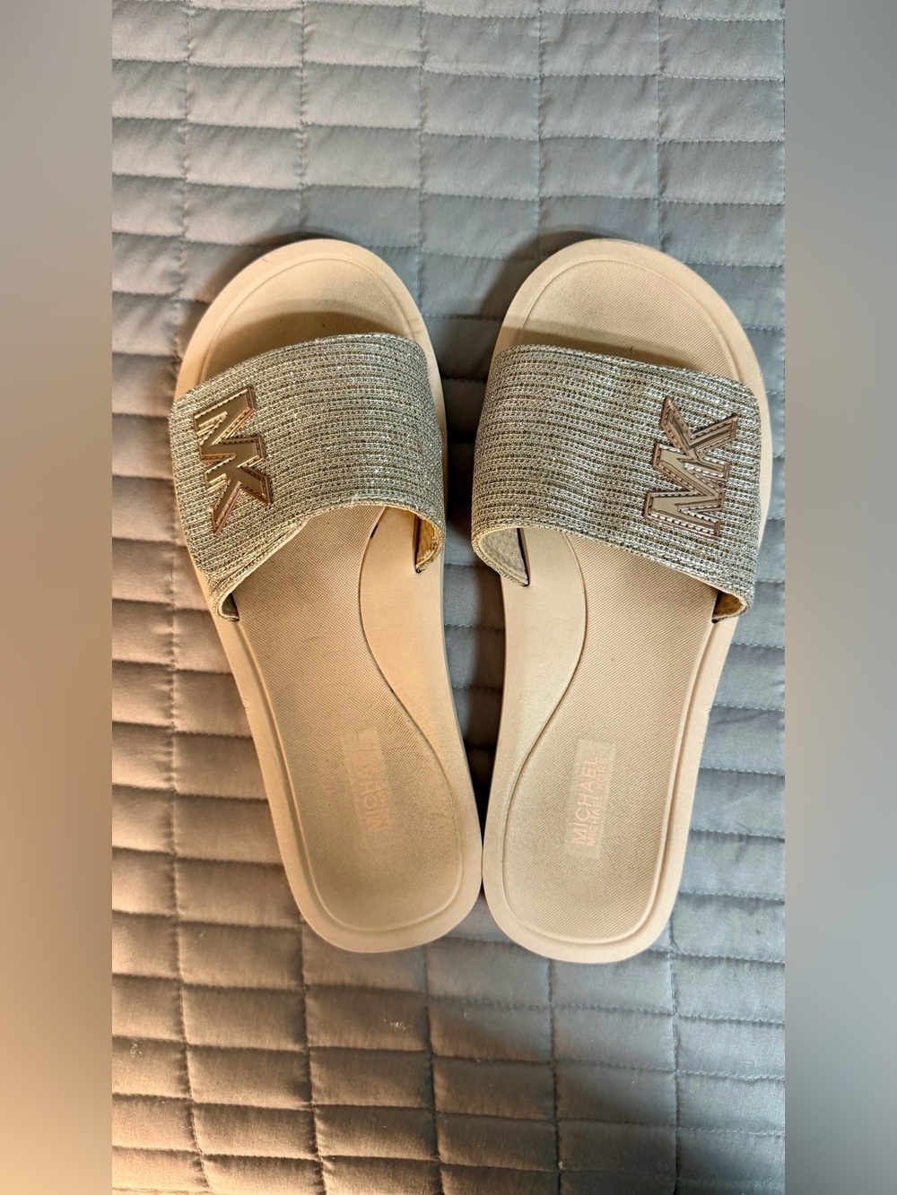 Michael Kors Beige and Silver Embellished Slide Sandals